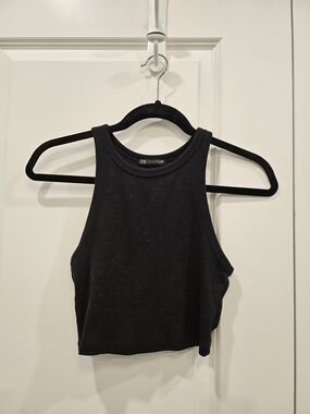 Zara Black Ribbed High-Neck Crop Tank Top Large